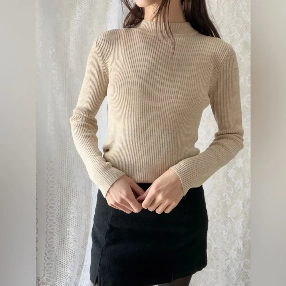 Vintage 90s Ribbed Mock Neck Sweater Sag Harbor Beige - Picture 2 of 12